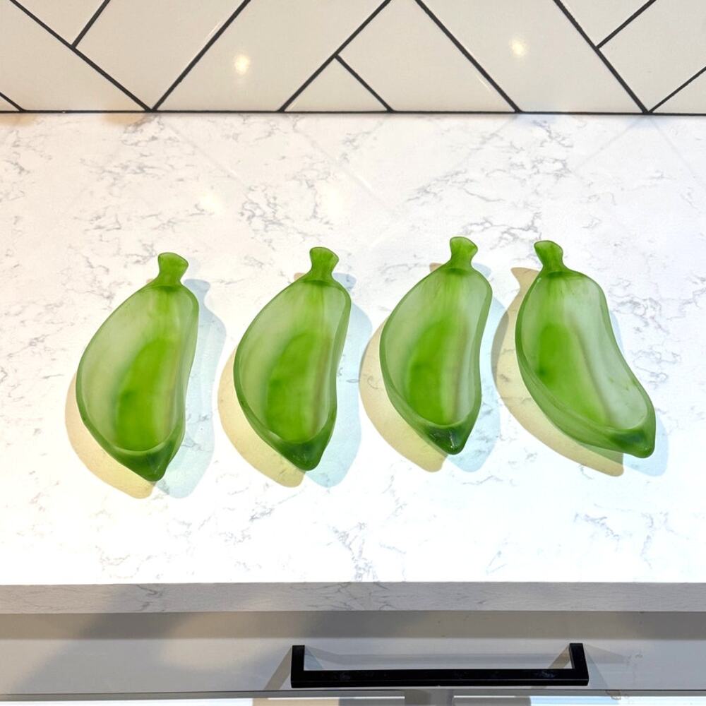 vintage La Rochere green frosted glass banana split dishes 1950s-1970s